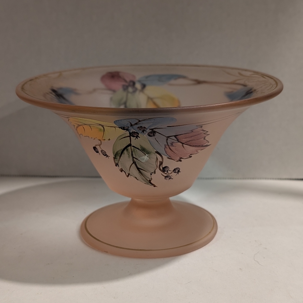 Vintage Frosted Pink Glass Sauce Dish with Matching Ladle, Hand Painted Leaves